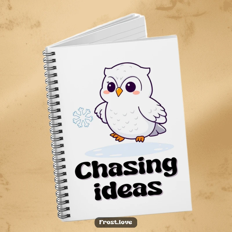 Funny Kawaii snowy owl playfully chasing a snowflake notebook, cute arctic bird stationery, humorous journal.