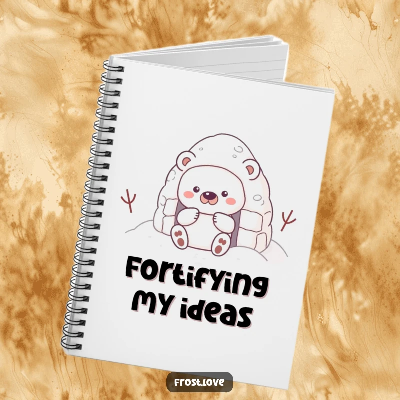 Funny notebook with a shy snow bear character building a snow fort, ideal for jotting down cozy ideas and winter plans.