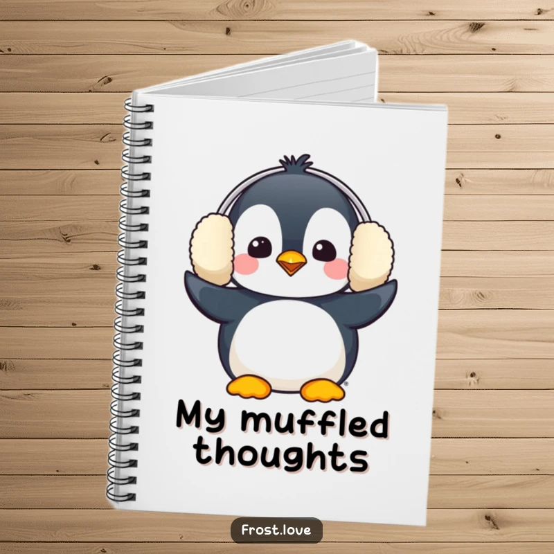 Funny Kawaii penguin comically wearing oversized earmuffs notebook, cute winter bird stationery, humorous journal.