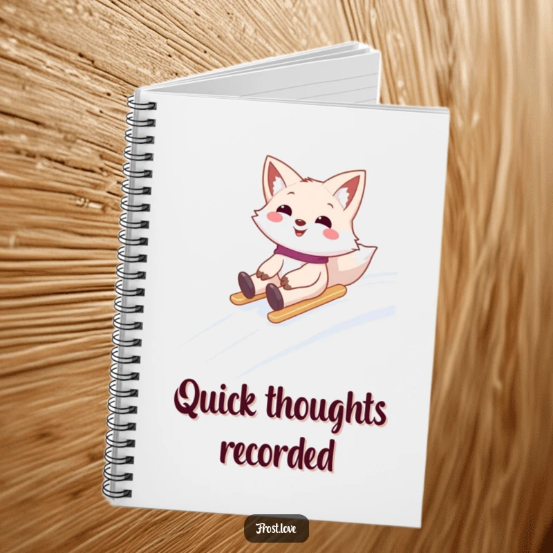 Funny notebook with a smiling snow fox character sliding down a snowy hill, ideal for jotting down winter adventures and ideas.