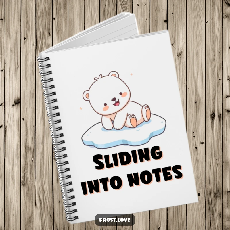 Funny Kawaii polar bear joyfully sliding on ice notebook, cute arctic animal stationery, humorous journal.