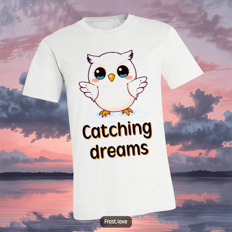Funny t-shirt featuring a cute kawaii snow owl character playfully reaching for falling snowflakes, embodying winter's gentle magic.