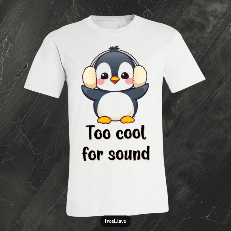 Funny Kawaii penguin comically wearing oversized earmuffs shirt, cute winter bird fashion, humorous apparel.