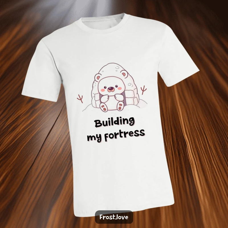 Funny t-shirt showcasing a shy snow bear character building a small snow fort, radiating warmth and quiet winter craftsmanship.
