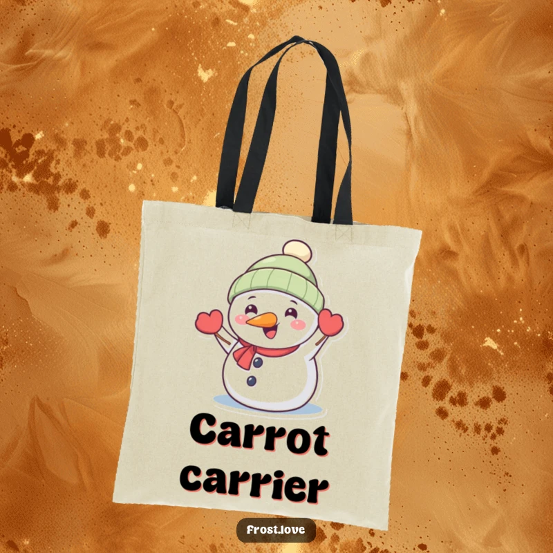 Funny Kawaii snowman with carrot nose happily waving tote bag, cute winter character accessory, humorous shopper.