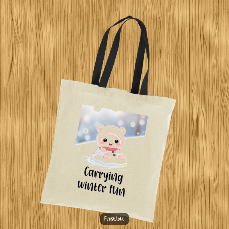 Funny tote bag featuring a cute snow creature character rolling gleefully through the snow, a symbol of carefree winter happiness.