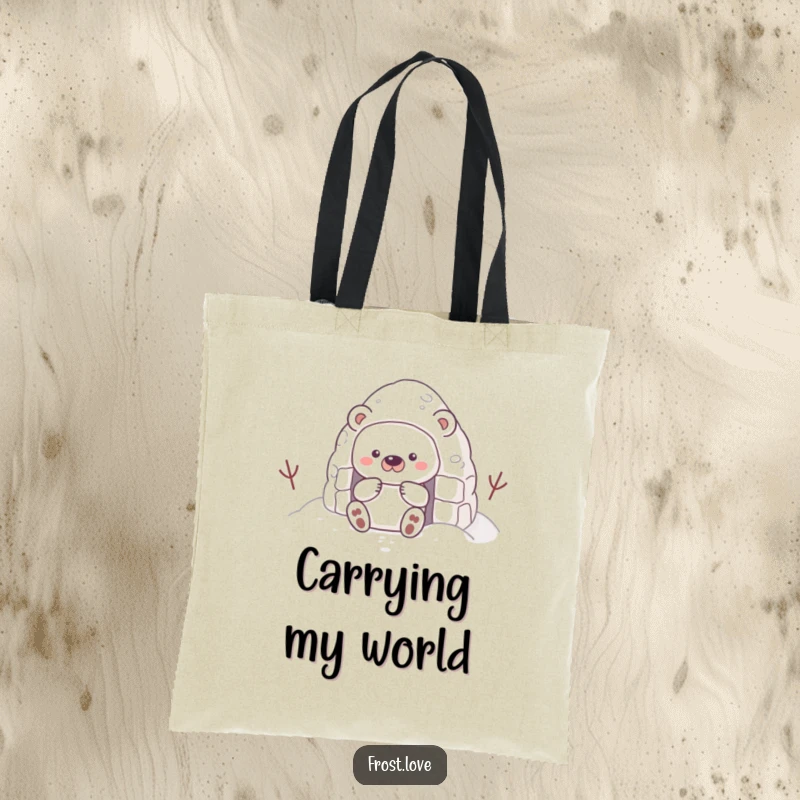 Funny tote bag displaying a shy snow bear character building a snow fort, a symbol of quiet creativity and winter comfort.