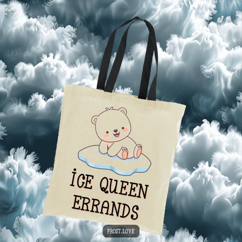 Funny Kawaii polar bear joyfully sliding on ice tote bag, cute arctic animal accessory, humorous shopper.